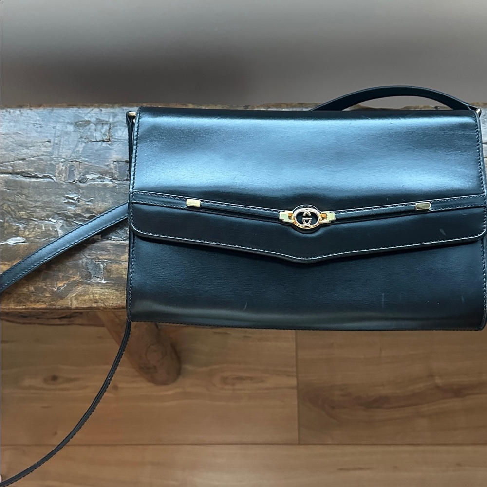 Vintage Gucci Black Leather Crossbody Bag with Gold + Silver horsebit Accents